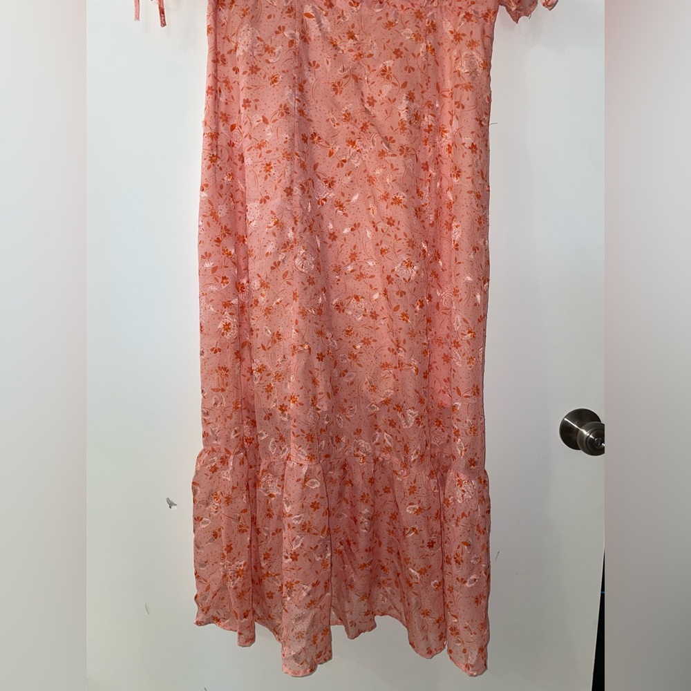 Chelsea 28 Prairie Coral Floral Tie Sleeve Ruffle Hem Midi Dress Size L(12/14)⭐️ - Picture 13 of 15